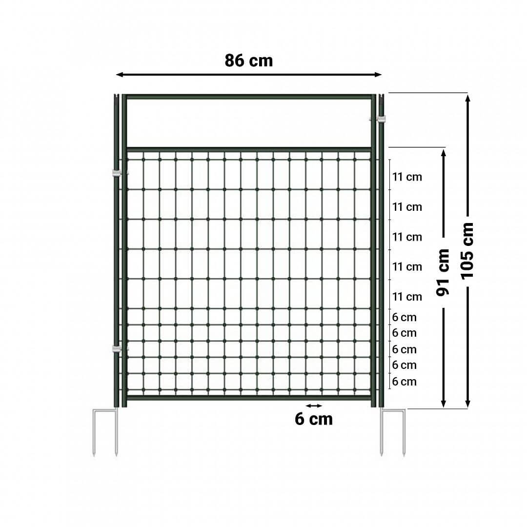 Vchodová branka k elektrické ohradníkové síti, výška 105 cm, šířka 86 cm, dvojitý hrot
