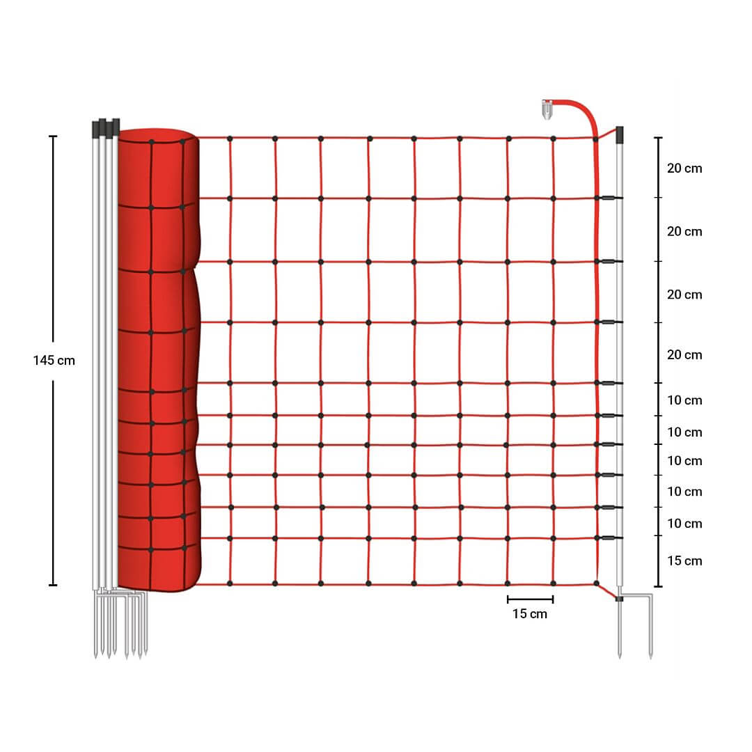 Ohradníková elektrická síť pro koně a poníky, výška 145 cm, délka 50 m, dvojitý hrot