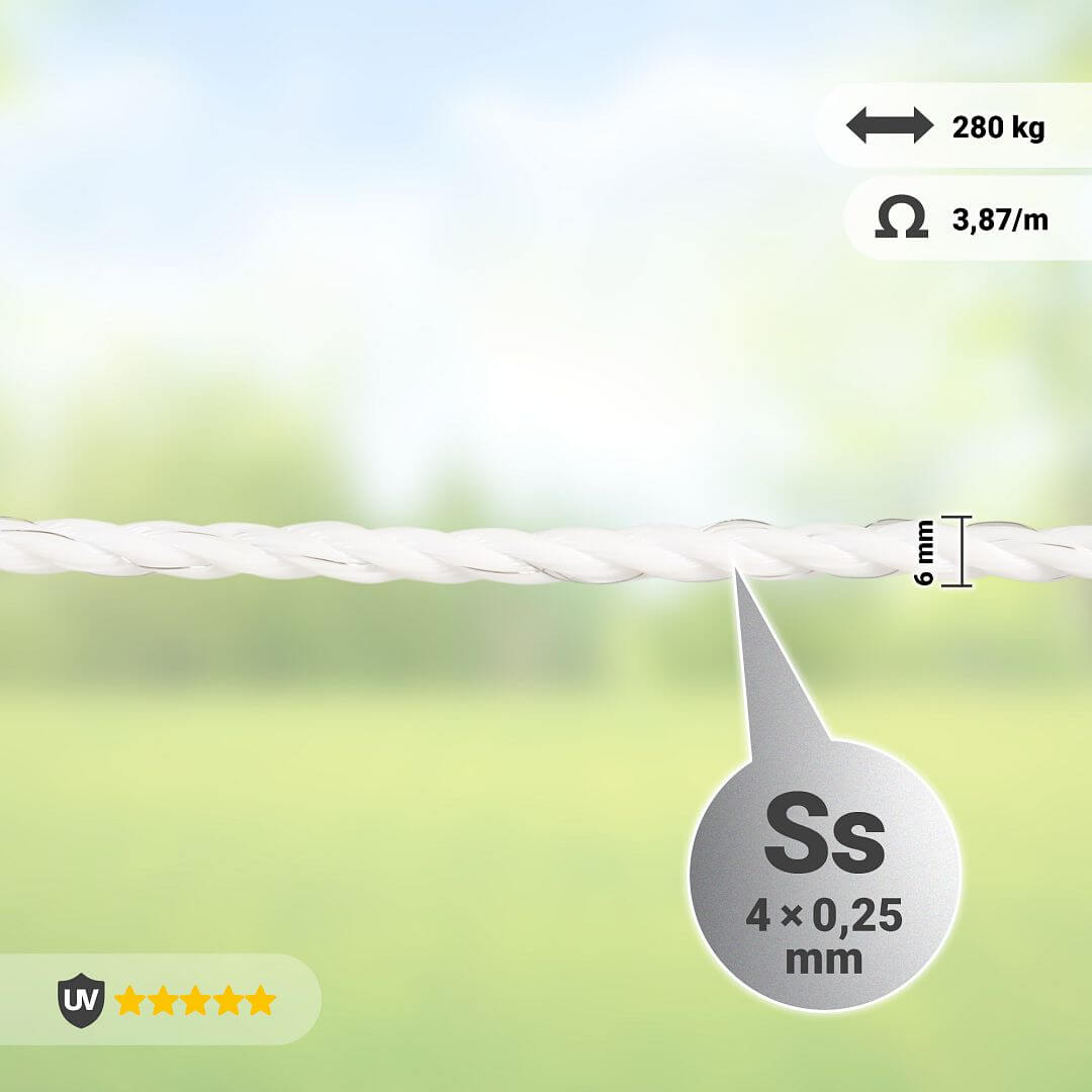 Lano pro elektrický ohradník, průměr 6 mm, bílé, délka 200 m