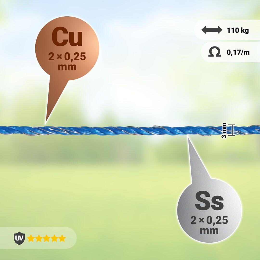Lanko pro elektrický ohradník, průměr 3 mm, modré, délka 400 m, 0,17 Ω/m