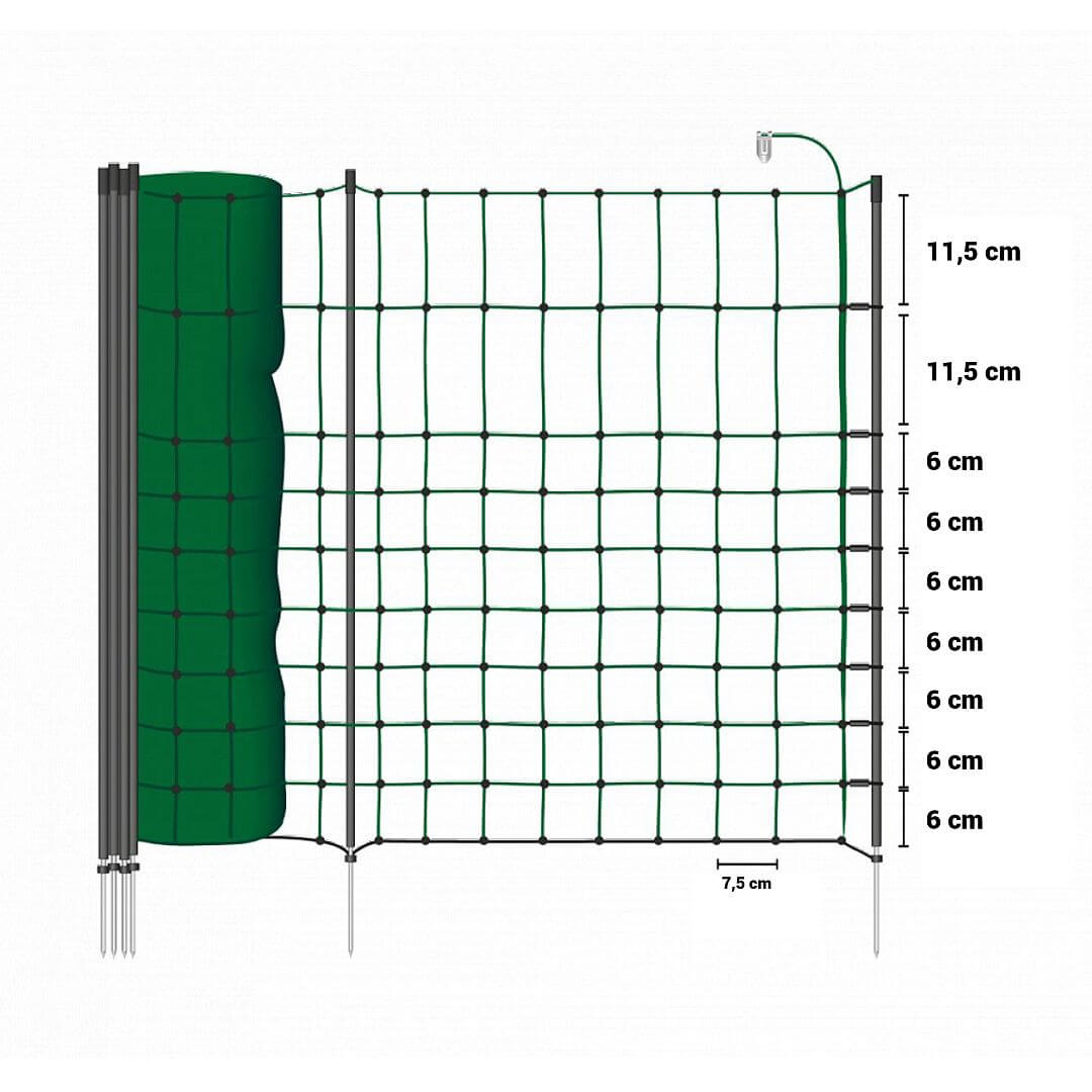 Zelená vodivá síť STANDARD elektrický ohradník pro psy, králíky, kočky, výška 65 cm, 50 m, 1 hrot