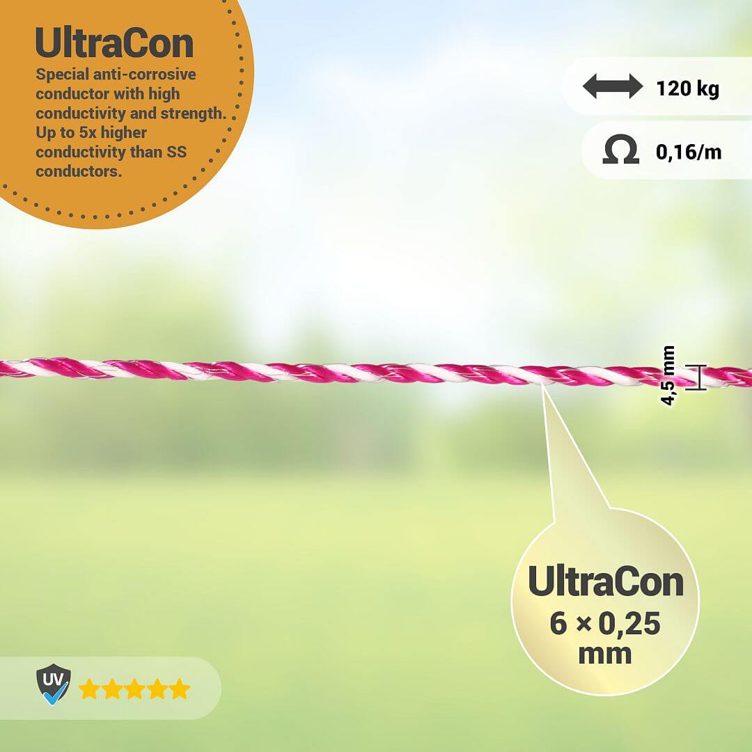Lano pro elektrický ohradník, průměr 4,5 mm, růžovo-bílé, 200 m, 0,16 Ω/m