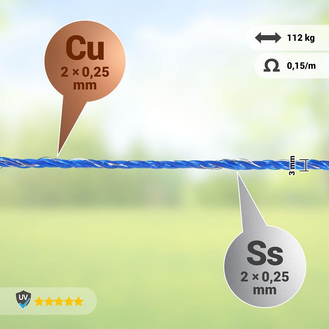 Lanko pro elektrický ohradník, průměr 3 mm, modré, délka 1000 m, 0,17 Ω/m