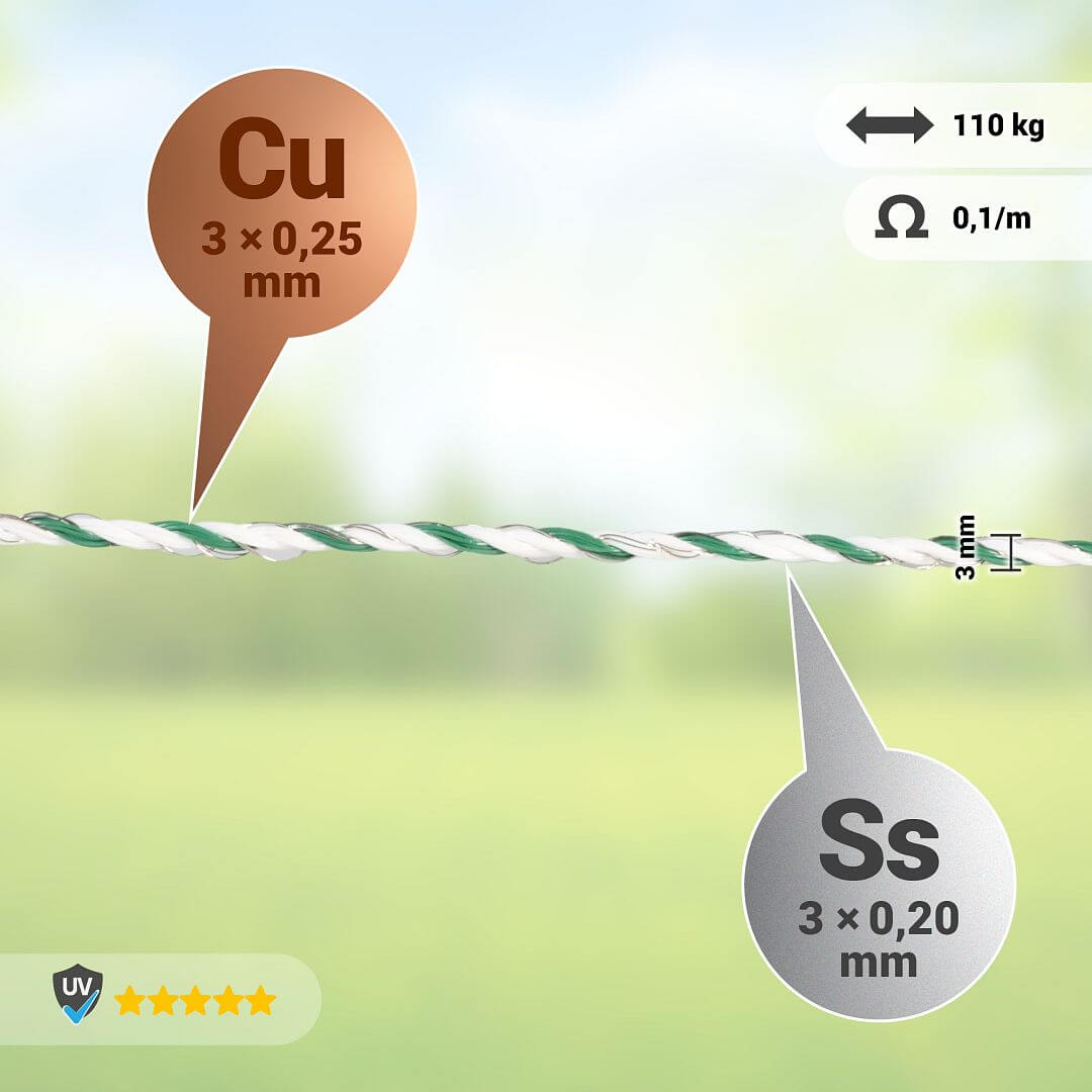 Lanko pro elektrický ohradník, průměr 3 mm, zeleno-bílé, délka 400 m, 0,1 Ω/m