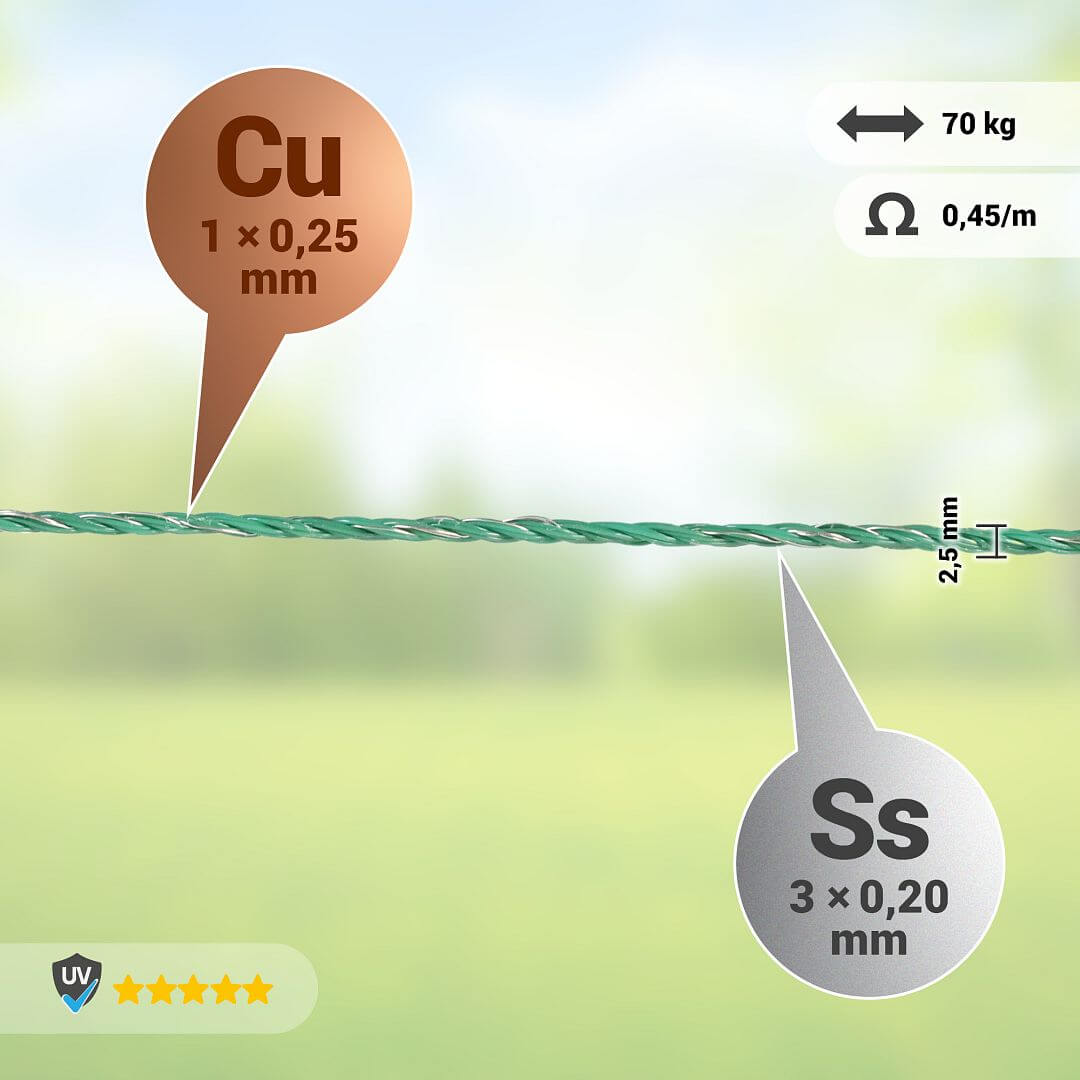 Lanko pro elektrický ohradník, průměr 2,5 mm, zelené, délka 400 m