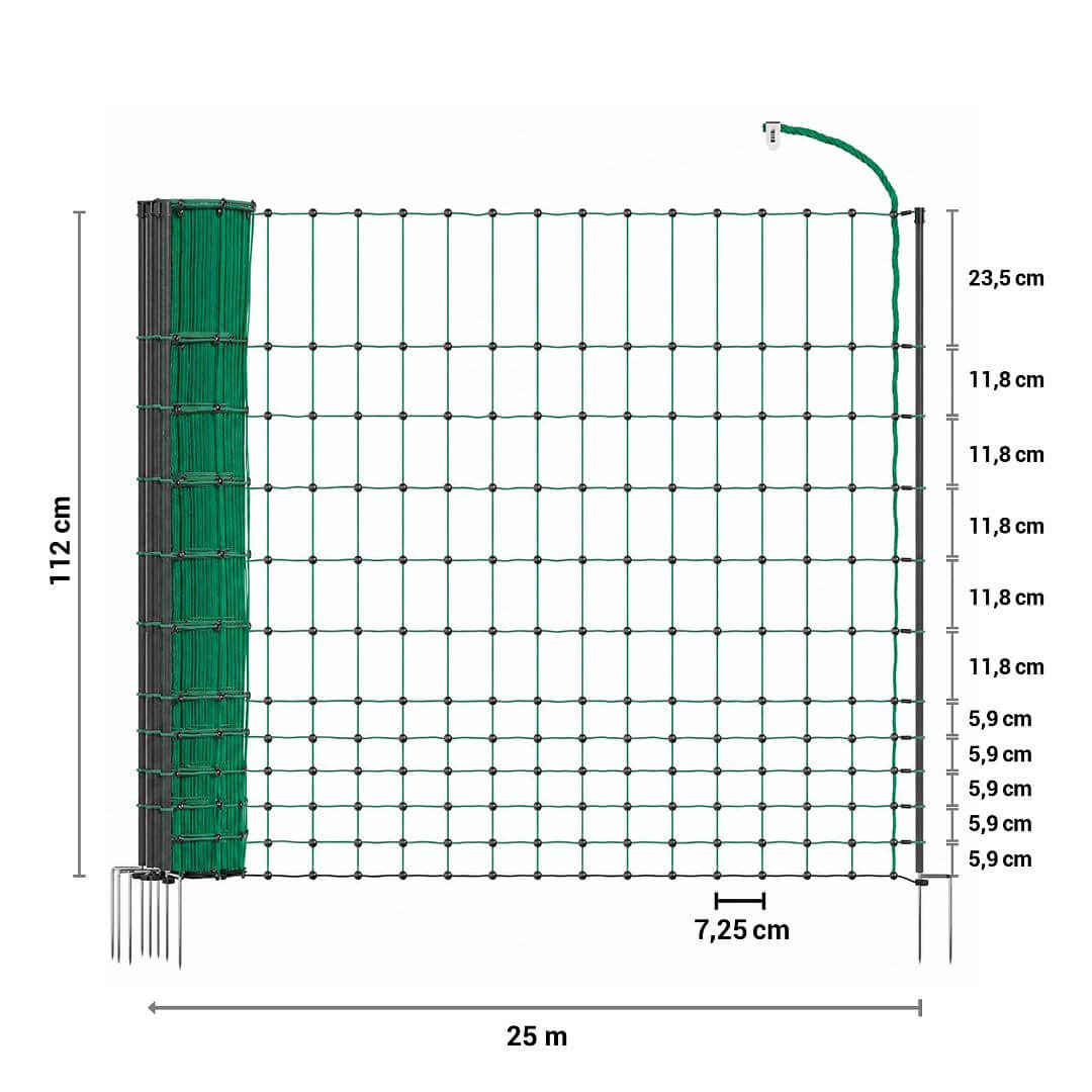Elektrická síť STANDARD pro drůbež, slepice a kuřata, výška 112 cm, délka 25 m, 2 hroty