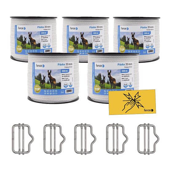 Sada s ohradníkovou 20 mm bílou páskou 0,45 Ω/m + spojky na pásky + výstražné tabulky