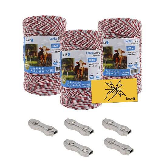 Sada s ohradníkovým lankem 3 mm + dvojité spojky na lanko + výstražné tabulky