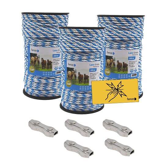 Sada s 6mm ohradníkovým lanem 0,4 Ω/m + dvojité spojky + výstražné tabulky