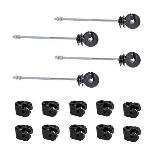 Sada 10 ks izolátorů s dlouhou podpěrou pro elektrický ohradník + malé nasouvací izolátory 40 ks
